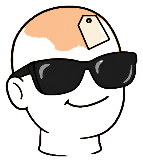 Spare Head: a smiling bald head in black sunglasses with a paper tag on its forehead