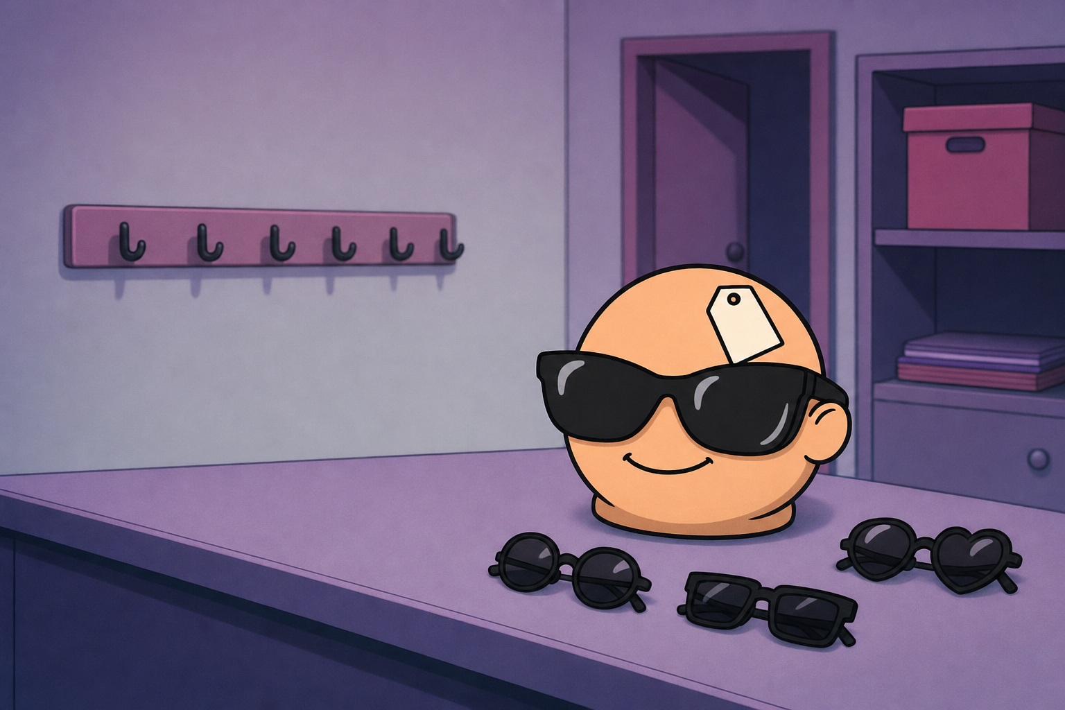 Spare Head resting on a lavender counter in a quiet back office, three spare pairs of black sunglasses laid out beside it